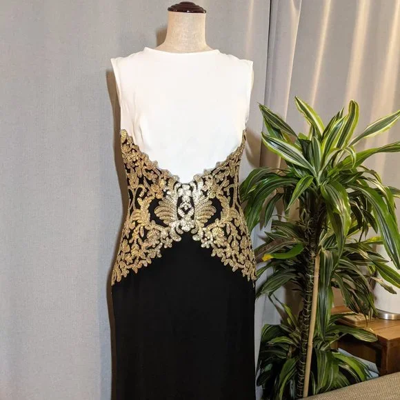 Tadashi Shoji Black and White Dress with Gold Accents - Picture 8 of 16